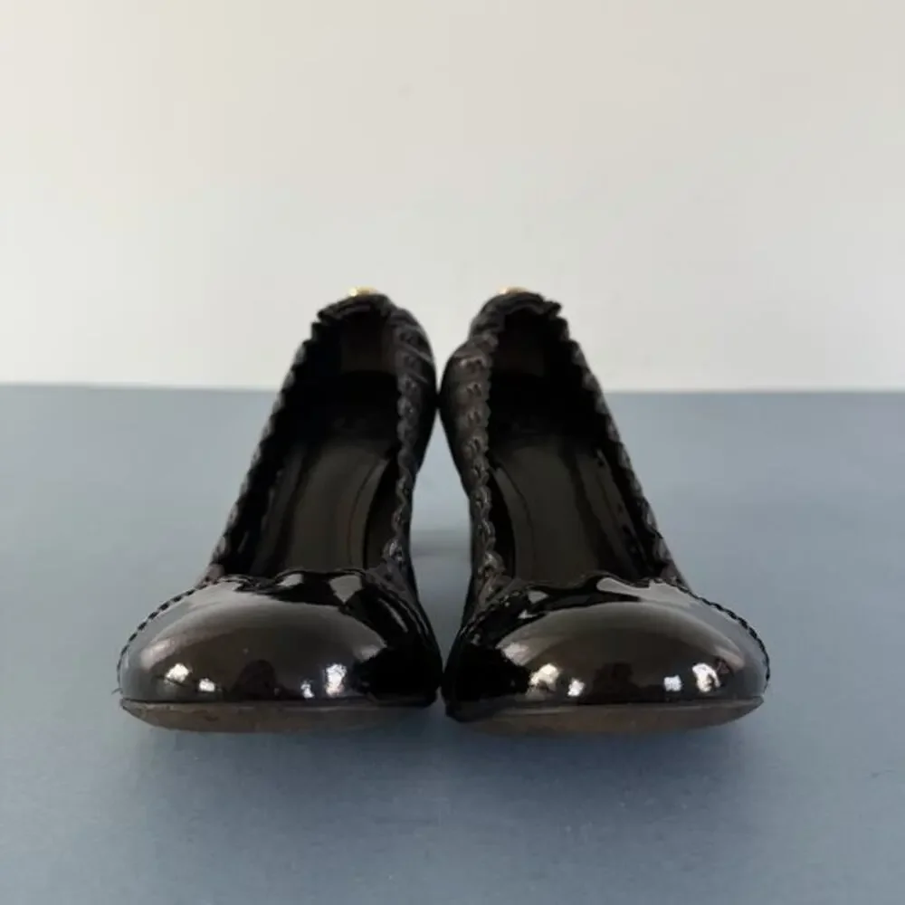 Tory Burch Abbey 2‎ Mid Heel Black Leather Cap Toe Block Heel Pumps